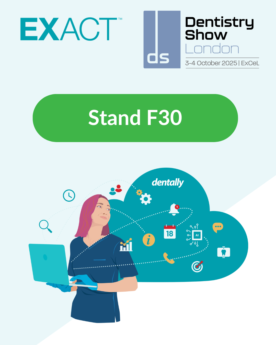 An illustration of a person looking backwards at a cloud with Dentally logo inside it